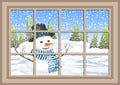 Winter Christmas window with a view of the snowy forest. Christmas card. winter window with the landscape and snowman Royalty Free Stock Photo