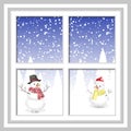 Winter Christmas window with a view of the snowy forest. Christmas card. winter window with the landscape and snowman Royalty Free Stock Photo