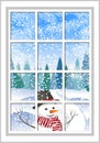 Winter Christmas window with a view of the snowy forest. Christmas card. winter window with the landscape and snowman Royalty Free Stock Photo