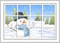 Winter Christmas window with a view of the snowy forest. Christmas card. winter window with the landscape and snowman Royalty Free Stock Photo