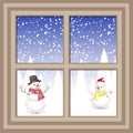 Winter Christmas window with a view of the snowy forest. Christmas card. winter window with the landscape and snowman Royalty Free Stock Photo