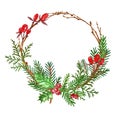 Winter Christmas wreath with pine and fir stems, red berries. Holiday decor, isolated on white background Royalty Free Stock Photo