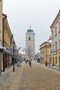Winter church clock tower on Farny Square in Rzeszow, Poland