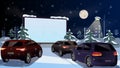 Winter cinema for cars in the open air. Night winter city with cars watching Christmas and New Year movie premieres on a