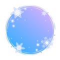 Winter circle shape concept. Snowflakes on blue round background template. Blank snowy backdrop decoration element