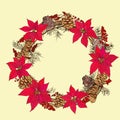 Winter circlet of flowers with fir cone