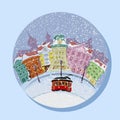 Winter city in children\'s style with snowfall and red tram