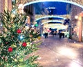 Tallinn City Christmas tree  snowy street in medieval Tallinn old town night  people walk ,snowflakes and night blurred light  ,t Royalty Free Stock Photo