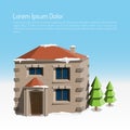 Winter city flat landscape with a huge house and two Christmas trees. Colored vector illustration.