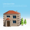 Winter city flat landscape with a huge house and two Christmas trees. Colored vector illustration.