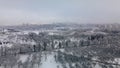 Winter city garden.  Trees in the snow. Flying over a snow-covered park. Aerial photography Royalty Free Stock Photo