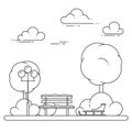 Winter city landscape with bench,sleigh in central park. Vector illustration. Line art.