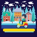 Winter city landscape and Boy Riding scooter, motorcycle in fla