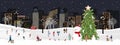 Winter city landscape people celebrating on Christmas night or New year,Vector horizontal banner winter wonderland in the town