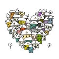 Winter city of love, heart shape sketch for your