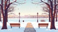 A winter city park landscape perspective view with a frozen river bay, wooden benches, snowy trees and street lamps Royalty Free Stock Photo