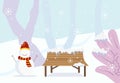 Winter city park with snowman, park bench, plant, trees silhouette and snow flake falling down. Royalty Free Stock Photo