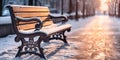 Winter city park with wooden bench with snow and sunset background.Macro.AI Generative Royalty Free Stock Photo