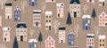 Winter city pattern, christmas seamless background, european houses and trees, falling snow on brown kraft paper