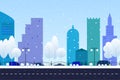 Winter city with road. Houses, cars, trees under the snow. Fantasy town background template in flat style