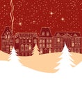 Winter city scene with old fashioned houses silhouettes