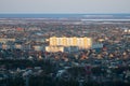 Winter city scenery with aerial view of Yakutsk center at sunset
