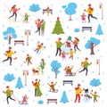 Winter in the city season background people characters. Winter outdoor activities gorizontal banner. Flat vector illustration