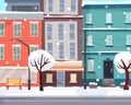 Winter city with snow. Houses on street with road in town.