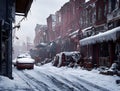 Winter city with snow on street