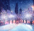 Winter city snowy evening park trees covered by snow andstarry sky and moon nature background 3 d illustration