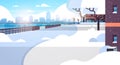Winter city snowy residential area sunshine cityscape background flat horizontal