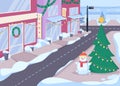 Winter city street with boutiques flat color vector illustration Royalty Free Stock Photo