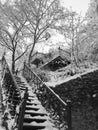 Winter cityscape. Beautiful staircase covered with snow.