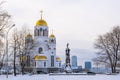 Winter cityscape. Church on Blood in Honour of All Saints Resplendent in Russian Land. Monument to the Komsomol of Ural in