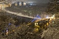 Evening Kyiv. View from the hill over the Dnieper river on Pedestrian bridge and Trukhanov island. Kyiv, Ukraine