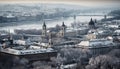 Winter cityscape with famous religious buildings and urban skyline generated by AI