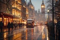 Winter cityscape featuring snow covered street of London with festive lights and decorations, red bus, a light snowfall Royalty Free Stock Photo