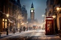 Winter cityscape featuring snow covered street of London with festive lights and decorations, red bus, a light snowfall Royalty Free Stock Photo