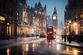 Winter cityscape featuring snow covered street of London with festive lights and decorations, red bus, a light snowfall Royalty Free Stock Photo