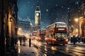Winter cityscape featuring snow covered street of London with festive lights and decorations, red bus, a light snowfall Royalty Free Stock Photo