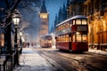 Winter cityscape featuring snow covered street of London with festive lights and decorations, red bus, a light snowfall Royalty Free Stock Photo