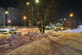 Snow, lanterns, tree, dark night sky over the city. Snowdrifts on the side of the road.