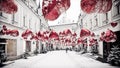 Winter cityscape with red balons and snow.