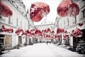 Winter cityscape with red balons and snow.