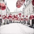 Winter cityscape with red balons and snow.