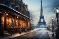 Winter cityscape snow covered streets of Paris lined with historical buildings adorned with festive lights and Royalty Free Stock Photo