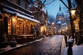 Winter cityscape snow covered streets of Paris lined with historical buildings adorned with festive lights and