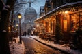 Winter cityscape snow covered streets of Paris lined with historical buildings adorned with festive lights and