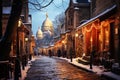 Winter cityscape snow covered streets of Paris lined with historical buildings adorned with festive lights and Royalty Free Stock Photo