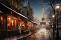 Winter cityscape snow covered streets of Paris lined with historical buildings adorned with festive lights and Royalty Free Stock Photo